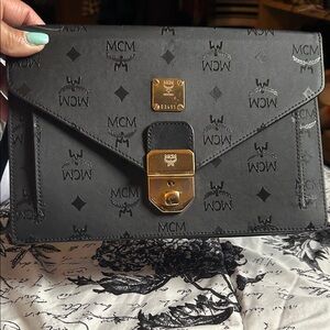 MCM Black Logo Envelope Clutch with Gold Hardware Plate